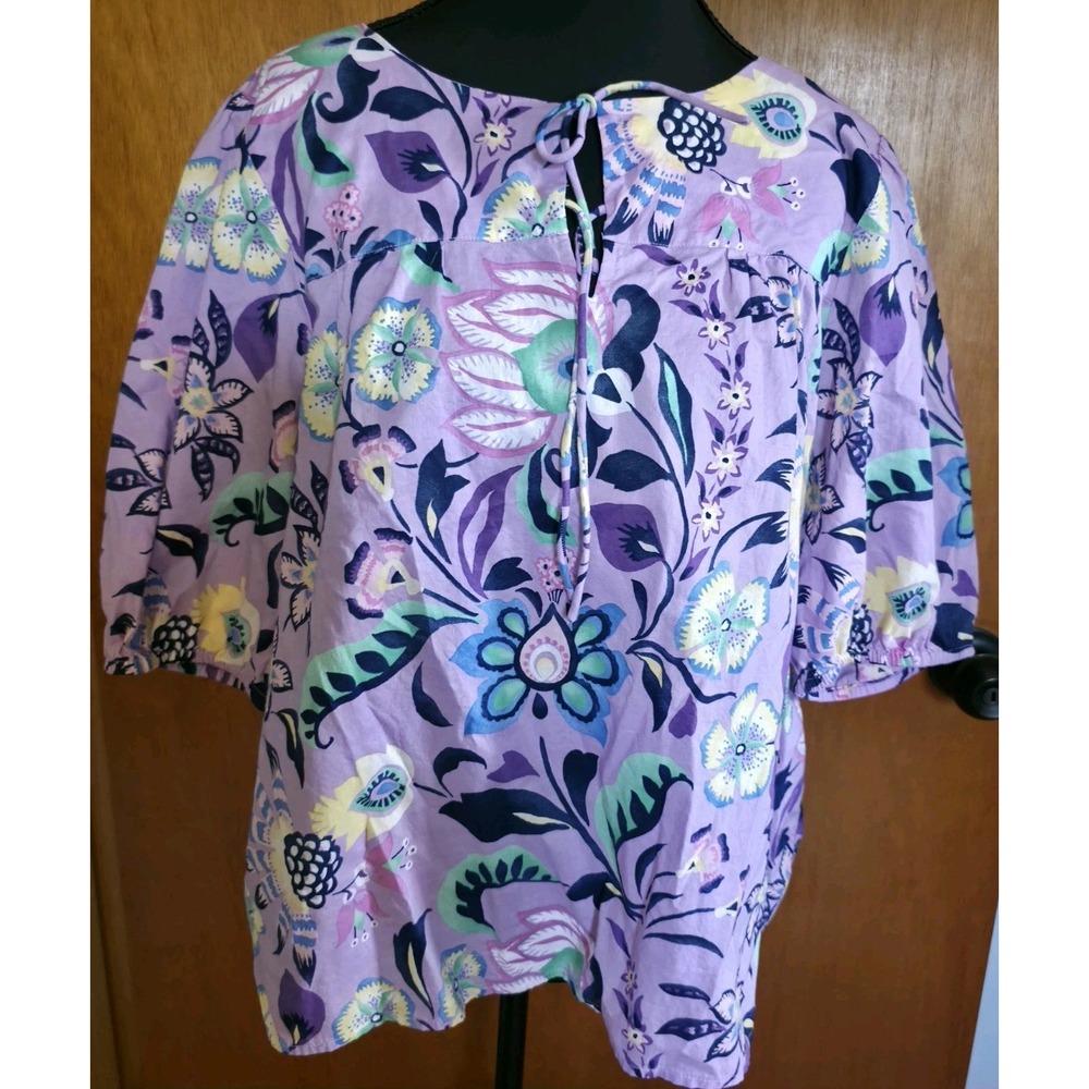 Talbots Tie Front Top Purple Floral Jacobean Boho Balloon Sleeve Cotton Sz XL